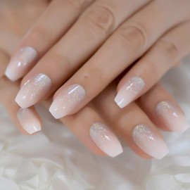 (L5176) - CoolNail Holo Glitter Pink Nude French Ballerina Coffin False Nails Gradient Natural Press on Fake Nails Tips Daily Office Finger Wear