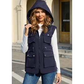 PESION Womens Packable Utility Vest Drawstring Waist Military Sleeveless Lightweight Windbreaker Jacket with Removable Hood, Navy Blue, Large