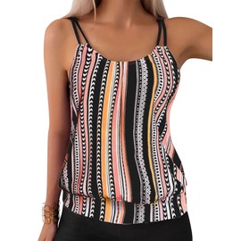 ZAFUL Womens Tankini Tops Blouson Tummy Control Swim Top Loose Fit Bathing Suit Top No Bottom Stripe Orange S