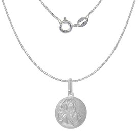 15mm Sterling Silver Blessed Mother Christ Medal Necklace for Women 5/8 inch Round Sandstone Finish Italy 18 inch BX_15