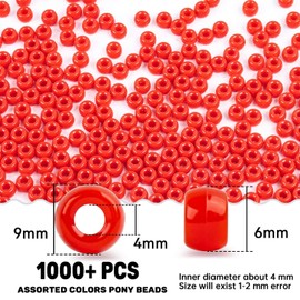 Sukh 1000+ Pcs Pony Beads - Pony Beads Bulk 6x9mm Red Color Pony Beads for Bracelets Making Necklace Hair Beads Braids Key Chain Making Plastic Beads DIY Project Crafts Ornaments Decorations