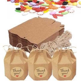 Pack of 50 DIY Party Gift Boxes, Candy Small Gift Box, Kraft Paper Box, Hexagonal Craft Candy Paper Box with Thank You Stickers for Wedding, Birthday Part, Anniversary (Brown, Hexagon)