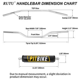 Motorcycle Handlebars 7/8 Inch,RUTU Universal Dirt Bike Handle Bar with Crossbar Pad Low-Rise Drag Bar for Motocross ATV Quad-Silver