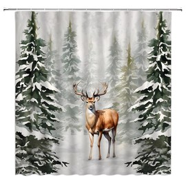 GCTNBJL Winter Forest Shower Curtain Deer Green Pine Tree Reindeer Snow Nature Scenic Christmas Rustic Wildlife Cabin Watercolor Bathroom Home Curtain with Hooks,70" Wx70 H