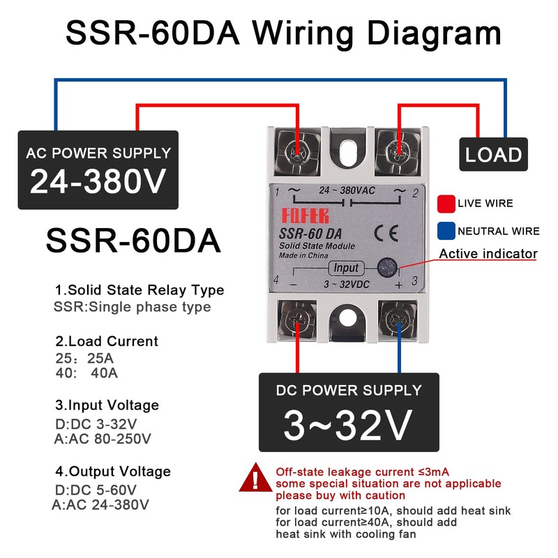 3pcs SSR-60DA Solid State Relay DC to AC Input 3-32V