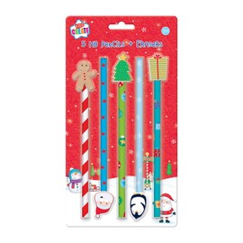 Kids Create Pack 5 Children's Christmas HB Pencils & Novelty Festive Erasers Set