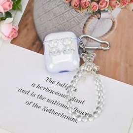 Reownest Compatible with AirPods Case, Airpods 2 Case and Airpods 1 Case Cute Bear Aesthetic Laser Design with Glitter Bracelet Beads Bear Key Ring Accessory Case for Girls