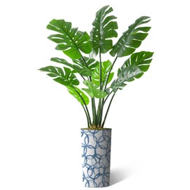 Artificial Tree in Geometric Pattern Planter, Fake Monstera Silk Tree for Indoor and Outdoor Home Decoration - 65" Overall Tall (Plant Pot Plus Tree)