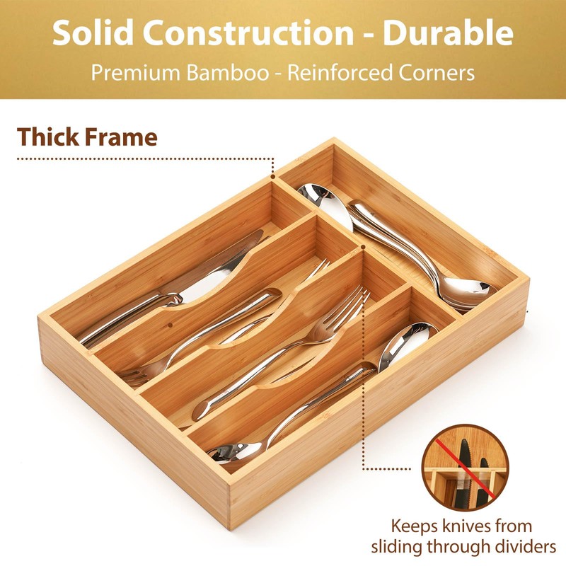 Umilife Bamboo Kitchen Drawer Organizer, 11 Inch Silverware Utensils Tray