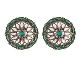 I Jewels Womens 18K Silver Oxidized Indian Wedding Bollywood Kundan Studded Meena Work Designer Circular Stud Earrings (E2934Zg) Green
