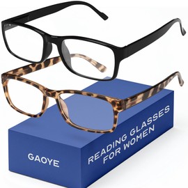 Gaoye 0.0 2-Pack of Reading Glasses for Women - Blue-Light Filter, UV Protection - Readers with Rectangle Frames