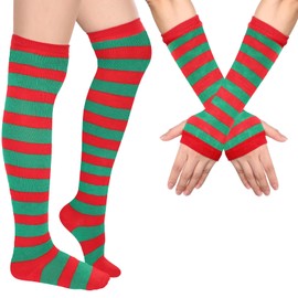 Blulu Arm Warmers Leg Warmers for Women Girls Striped Thigh High Socks Fingerless Gloves Striped Stocking(Dark Red and Green)
