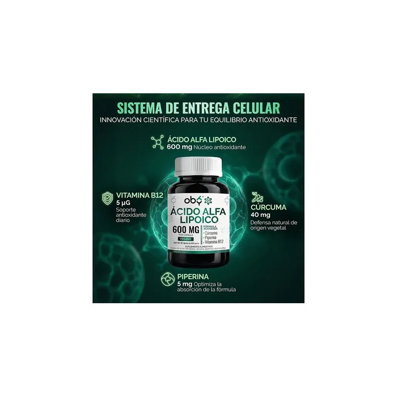 Acido Alfa Lipoico 600 mg con Curcuma, Piperina y Vitamina