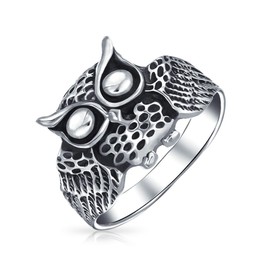 Wide Antiqued Wise Old Owl Bird Oxidized Animal 925 Sterling Silver Wrap Around Band Ring
