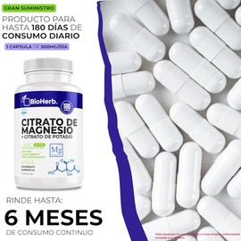 BioHerb® | Citrato de Magnesio + Citrato de Potasio en Cápsulas | 180 Cápsulas | Suministro 6 Meses | Hidratación y Equilibrio Electrolítico | Supleme