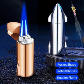 NINSI Rocket Dual Jet Flame Torch Lighter – Windproof Refillable Butane Lighter with Punch Tool, Adjustable Flame for Candle, Grill, Camping, DIY (Black White, Gas Not Included)
