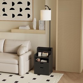 COTUBLR Floor Lamp with Table, End Table with Charging Station, Wooden Black Nightstand with 2 Drawers and LED Bulb, Modern Shelves Side Table for Bedroom Living Room Home Office