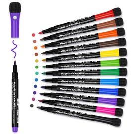 Magnetic Dry Erase Markers Fine: 12 Colors Erasable Whiteboard Markers Fine Point with Eraser Cap, Low Odor White Board Dry Erase Pens Fine Tip for Teachers, Home, Office and School Supplies