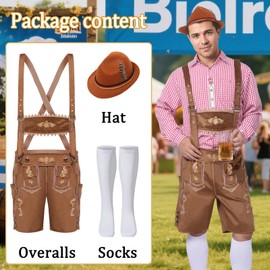 Raveparty Oktoberfest Men's Outfit, Lederhosen Men's Costume Set, German Bavaria Oktoberfest Costume Set with Removable Bib Straps, Knee Socks and Bavarian Felt Hats (Style B, M)