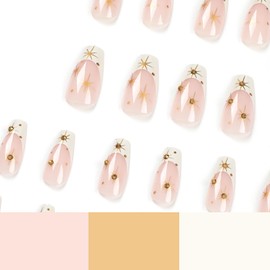 Press on Nails French 24Pcs Glossy Full Cover Medium Artificial Square False Nails with Gold Stars Designs Glue Stick on Fingernails with Charm for Women Coffin Acrylic Fake Nails Sets