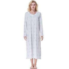 Keyocean Womens Nightgowns, Soft Comfy Lightweight Cotton Long Sleeves Ladies Loungewear, Blue Cornflower, Small