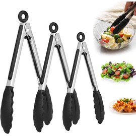 Pinzas de Cocina 3 Piezas, Pinzas Cocina Acero Inoxidable 21cm/28cm/34cm con Seguro de Cierre, Puntas Silicona Antiadherente, Alta Resistencia al Calor 446°F para Cocinar Ensalada BBQ Parrilla Servir