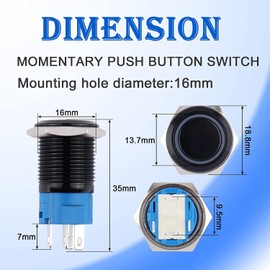 JIQI 16mm Momentary Push Button Switch Waterproof 12V-24V 1NO 1NC Black Aluminium Alloy Metal Push-Button Switch Ring LED with Wire Socket Plug for Car Marine(Red,Pack of 2)