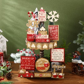 Vercraft 1 Set of Holiday Tiered Tray Decor Christmas Tiered Tray Decorations Set Truck Wooden Signs Farmhouse Table Decorations for Home Table Shelf(Christmas Hot Cocoa)