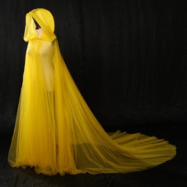 Women Wedding Tulle Cape Hooded Elf Cloak Bridal Dress Robe with Long Train