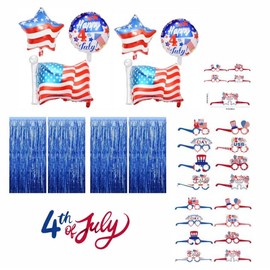 USA Party Kit – Patriotic Decorations with Red White Blue Balloons, Metallic Curtains, American Flag Foil Balloons, Glasses & Stickers – Labor Day, Memorial & Americana Decor