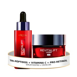 KitL'Oreal Paris Revitalift Laser, Serum Facial 30ml + Crema de Dia 50ml, Triple Acción Anti-Edad, Corrige Arrugas, Da Firmeza, Luminosidad y Unifica el Tono, Tri-Péptidos y Vitamina C