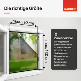 GAUDER GAUDER Fliegengitter fr Fenster (110 x 130 cm | schwarz) aus Polyester | Insektenschutz ohne Bohren | Fliegengitter mit Klettband | Fliegennetz & Mckennetz fr Fenster