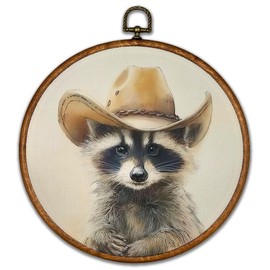 BCUANGD Western Trendy Round Wall Art Decor - Retro Raccoon Neutral Wall Art Canvas Frame Artwork Prints, Rustic Vintage Country Round Wall Hanging Decorations for Home Farmhouse Bedroom, 10"x10"