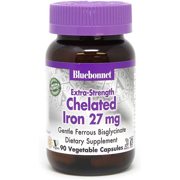 Bluebonnet Nutrition Albion Extra-Strength Chelated Iron 27 mg, For Healthy Red Blood Cell production*, Soy-Free, Gluten-Free, Non-GMO, Kosher, Dairy-Free, Vegan, 90 Vegetable Capsule, 90 Serving