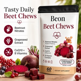 Beon Beet Chews, Beon Beetroot Chews Gummies with Grape Seed & L-CoQ10 for Calm Mood, Free Vegan, 60 Chew