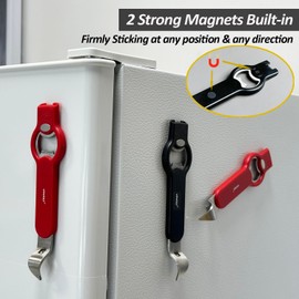 Upgraded 3-in-1 Magnetic Bottle and Can Opener for Refrigerator, Stainless Steel Manual Can Punch Opener for Liquid with Cap Catcher, Stick to Fridge, Can Tapper Church Key with Strong Magnet, Red
