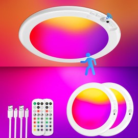 2 Pack Rechargeable Motion Sensor Ceiling Light with 12 RGB Colors and Cool White Lights, Battery Operated Ceiling Light with Remote, Magnetic Motion Sensor Lamp for Closet Pantry Hallway Porch