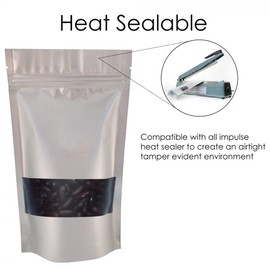 RIGHTPAK Window Silver Matt 100 Pieces 9cm x 14cm Heat Selable Stand Up Pouches for Food Storage with Resealable Zipper Lock