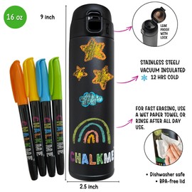 Kids Water Bottle Stainless Steel Vacuum Insulated with Washable Chalk Markers, for School, Summer, Travel, Boys and Girls Water Bottle 16 oz
