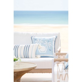 Hofdeco Premium Coastal Hampton Style Patio Indoor Outdoor Lumbar Pillow Cover Only, 12"x20" Water Resistant for Backyard, Couch, Baby Blue Navy Stripe White Tassels