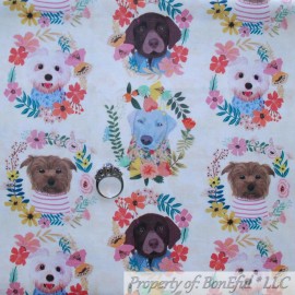 Blend BonEful Fabric FQ Cotton Quilt Brown Rainbow Flower Puppy Dog Hound Bull Terrier
