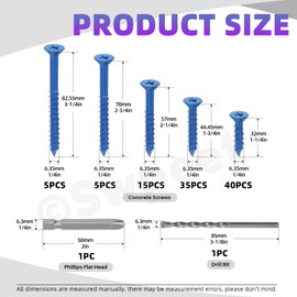 Swpeet 102Pcs 5 Sizes 1/4" Flat Head Concrete Screw Anchors with Screwdriver Bit and Drill Bit Assortment Kit, Concrete Screws Self Tapping Cement Screws for Anchoring to Masonry Block Brick Stucco