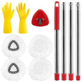 4 PCS Spin Mop Replacement Heads with Glove, Base, Handle Combo Set Compatible with O-Ceda EasyWring 1 Tank System Microfiber Mop Refills,Powerful Cleaning of Kitchen and Bathroom Wood Floors (White)