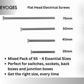 Evoges M3.5 Electrical Fixing Screws - Nickel Plated, Flat Head Countersunk, Mixed Pack (35mm, 40mm, 50mm, 75mm) – Ideal for Socket & Switch Installation, Back Boxes, Junction Boxes (55 Pcs)