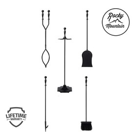 Rocky Mountain Goods 5 Pcs Fireplace Tool Set Black 31” Large - Shovel, Brush, Poker, Tongs, and Stand - Heavy Duty Wrought Iron - Decorative Finish - Ergonomic Ball handles