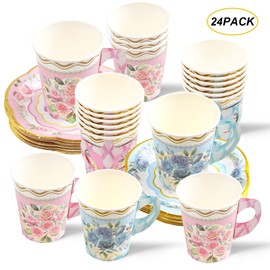 Floral Tea Party Cups and Saucers 24 Sets Paper Tea Cups with Handles Party Decoration