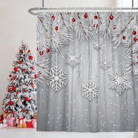 Uiiooazy Christmas Shower Curtain Set with Hooks Sliver Grey X-mas Trees Shower Curtain for Bathroom 72x72inches Snowflakes Wood Stripe Waterproof Fabric Shower Curtains