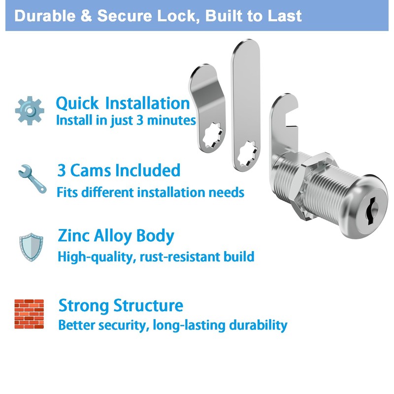 Cabinet Locks with Keys, Keyed Alike Cam Lock, 1-3/8'' Long,