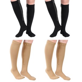 Tarpop 4 Pares Calcetines de Compresión con Cierre hasta Rodilla de Punta Cerrada de 20-30 mmHg (Color de Piel, Negro, L/ XL)