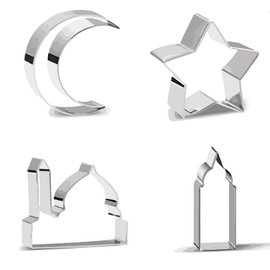 Mubarak Cookie Cutter Islamic Eid Ramadan - Moon Crescent Star Mosque Dome - 4 Piece Stainless Steel Set